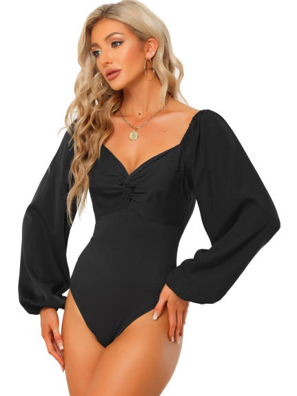 Allegra K - Sweetheart Neck Puff Sleeve Bodysuit