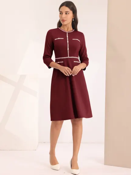 Hobemty- A-Line Contrast Color Tweed Trim Dress