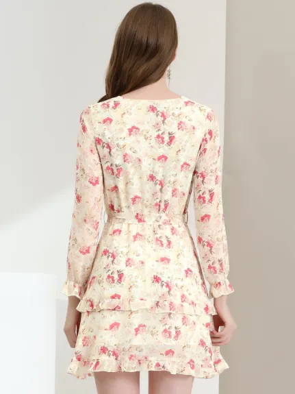 Allegra K- Robe florale en mousseline de soie à volants et ceinture à manches longues