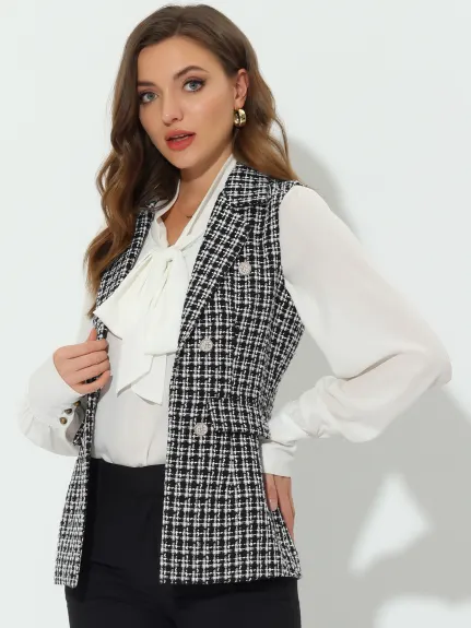 Allegra K- Plaid Tweed Lapel Open Front Blazer Vest