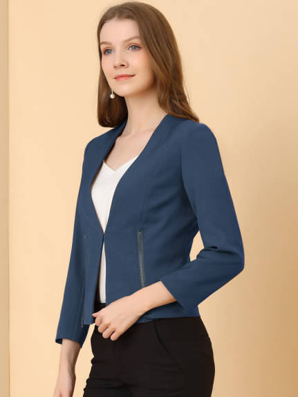 Allegra K- Open Front Zipper Collarless Cropped Blazer