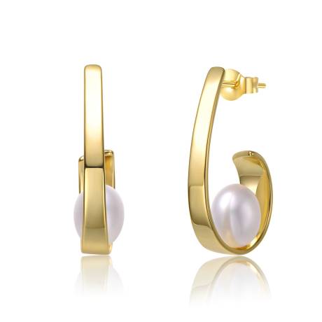 Genevive Sterling Silver 14k Yellow Gold Plated with White Pearl Ribbon Half-Hoop Drop Earrings