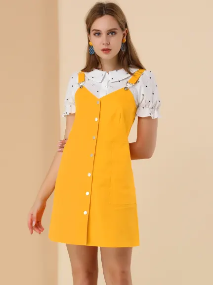 Allegra K- Button Down Adjustable Strap Pinafore Dress with Pockets