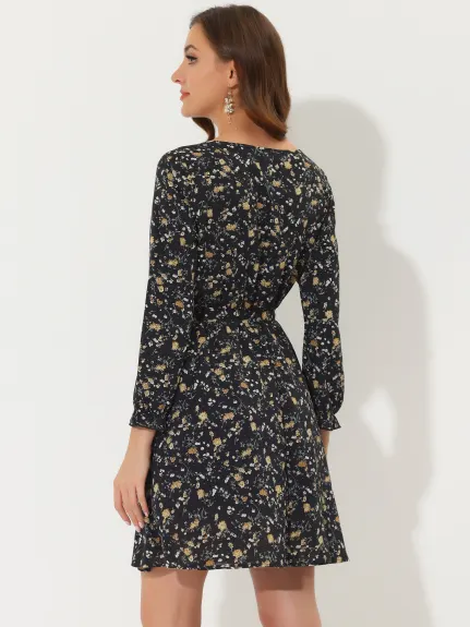 Allegra K- Choker Belted Keyhole V Neck Floral Dress