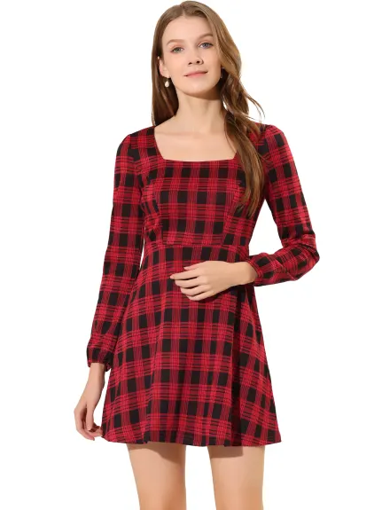 Allegra K- Square Neck Long Sleeve A-Line Plaid Dress