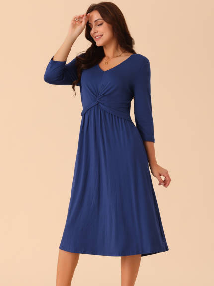 Allegra K - Twist Knot Front 3/4 Sleeve Midi Dress