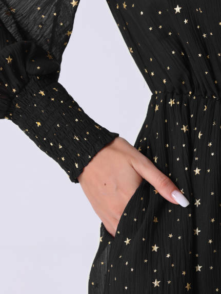 Allegra K - Puff Long Sleeve Gliding Stars Midi Dress