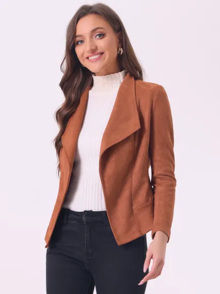 Allegra K- Cardigan veste drapée à revers ouvert en faux suède