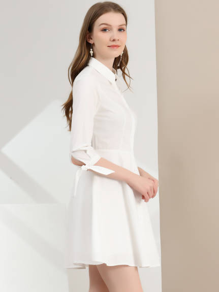 Allegra K- Turn Down Collar Cotton Shirt Dress