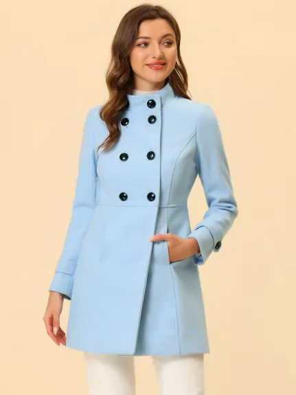 Allegra K- Stand Collar Long Sleeves Double Breasted Coat