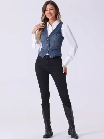 Allegra K - Veste gilet en denim lavé boutonnée à col en V