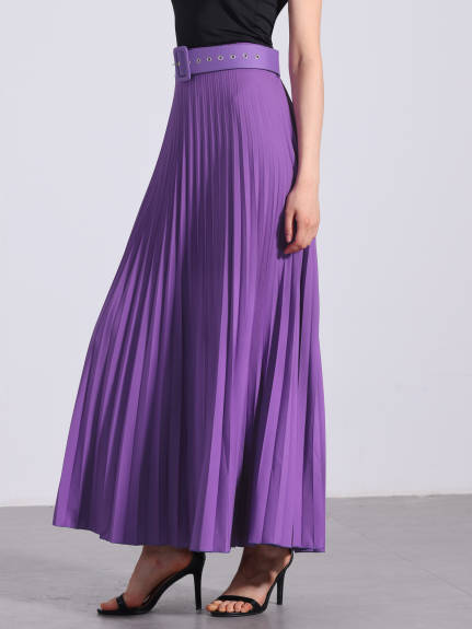 Allegra K - Elastic High Waist Maxi Pleated Skirt