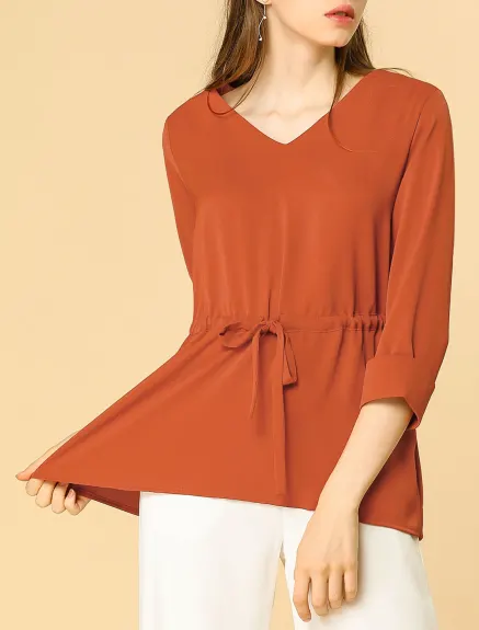 Allegra K- 3/4 Sleeve V Neck Drawstring Tie Waist Top