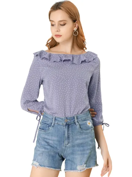 Allegra K- Ruffled Neck Half Sleeve Sheer Polka Dots Blouse