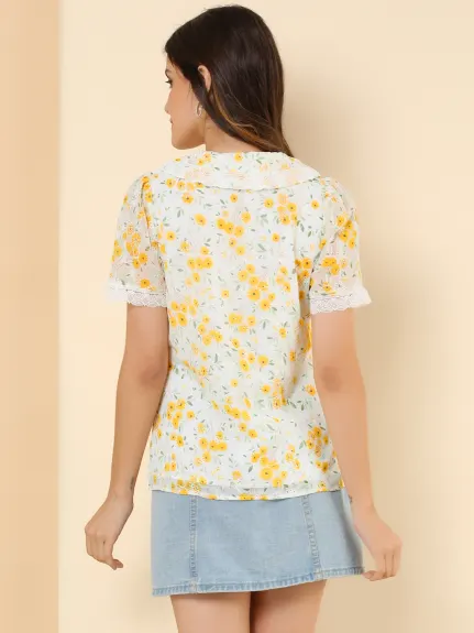 Allegra K - Peter Pan Collar Floral Embroidered Blouse