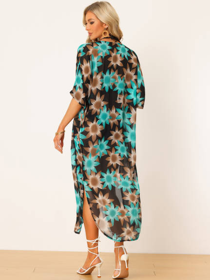 Allegra K- Swimsuit Cover Up Cardigan Flowy Long Boho Chiffon Kimono