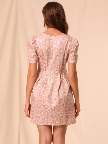 Allegra K- Floral Short Sleeves Flare Dress