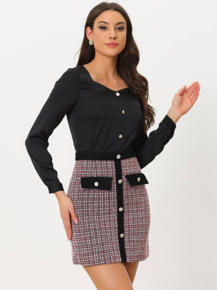 Allegra K- Plaid Tweed Button Decor Mini Skirt