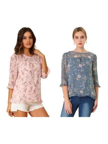 Allegra K- Blouse florale en mousseline à manches 3/4 et à volants