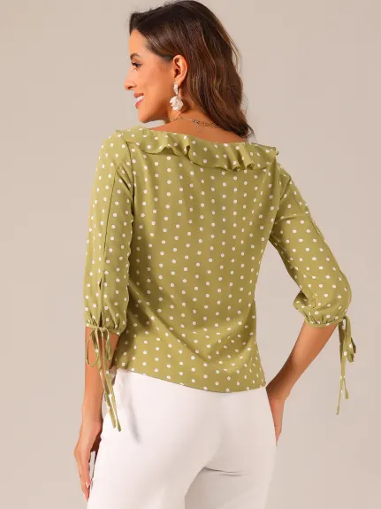 Allegra K- Ruffled Neck Half Sleeve Sheer Polka Dots Blouse