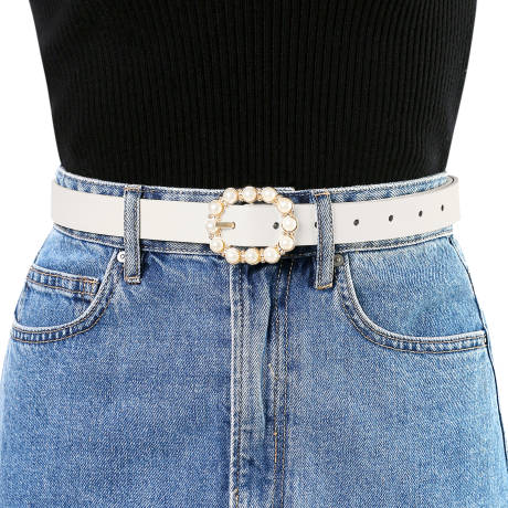 Allegra K- Pearl Waistband Skinny Leather Pin Buckle Belt