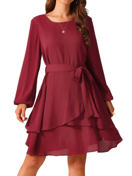 Allegra K - Round Neck Tie Waist Ruffle Dress