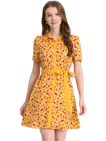 Allegra K- Short Sleeve Contrast Collar Belted Floral Shirt Dress