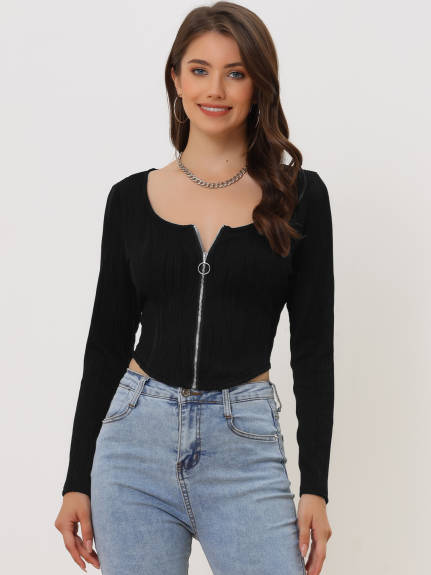 Allegra K - Zip-Up Asymmetrical Hem Fitted Crop Top