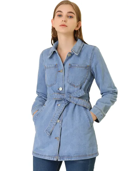 Allegra K- Veste en jean à manches raglan et ceinture à nouer à la taille