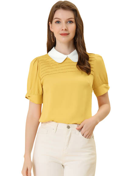 Allegra K- Pan Collar Puff Short Sleeve Pleated Blosue