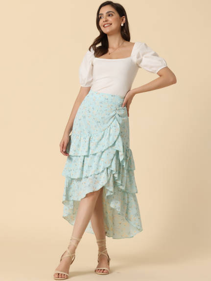 Allegra K- High Low Ruffle Hem Floral Tiered Skirt