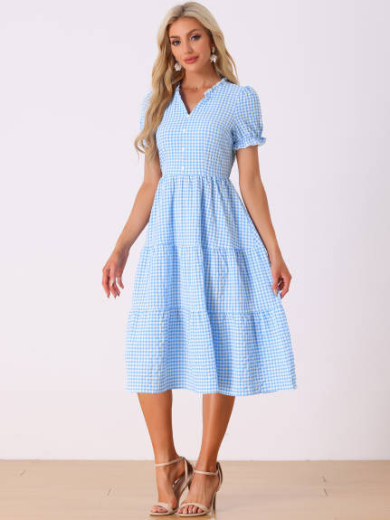 Allegra K- Gingham Ruffle Trim V Neck Button Dress