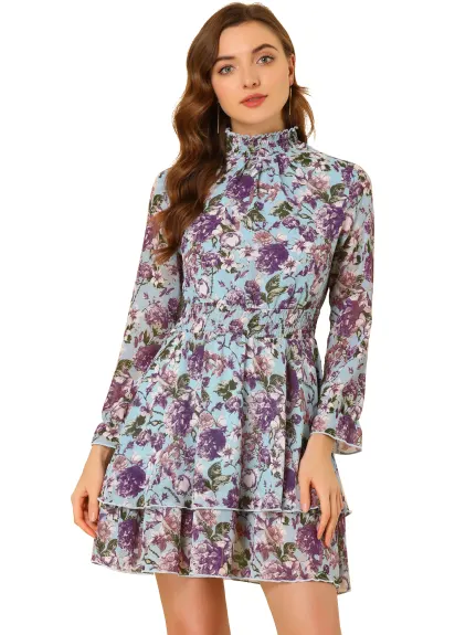 Allegra K- Floral Layered Sheer Smock Waist Mini Dress