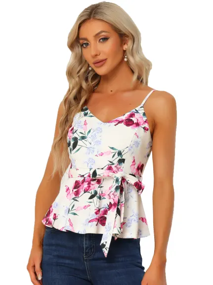 Allegra K- V Neck Tie Waist Peplum Cami Tank