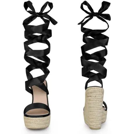 Allegra K - Platform Espadrilles Satin Lace Up Wedge Sandals