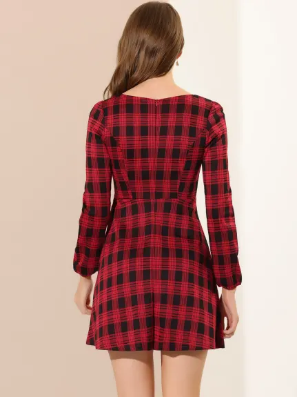 Allegra K- Square Neck Long Sleeve A-Line Plaid Dress