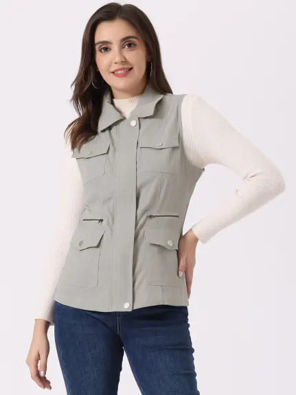 Allegra K- Zip Up Jacket with Pockets Cargo Utility Vest