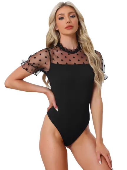 Allegra K - Polka Dots Mesh Short Sleeve Bodysuit