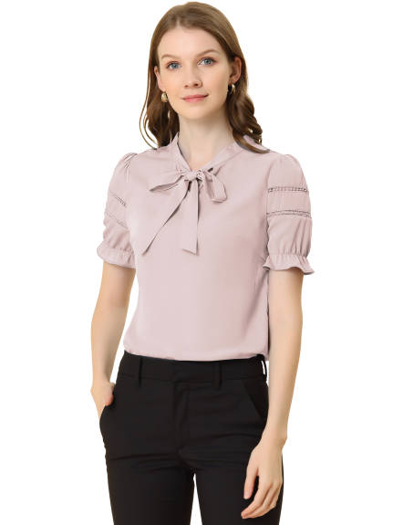 Allegra K- Ruffle Cuff Short Sleeve Bow Tie Collar Top