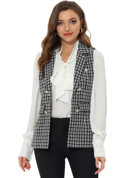 Allegra K- Plaid Tweed Lapel Open Front Blazer Vest