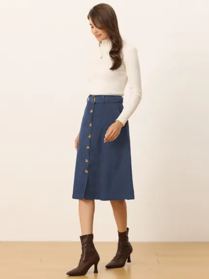 Allegra K - Button Front A-Line Belted Corduroy Skirt