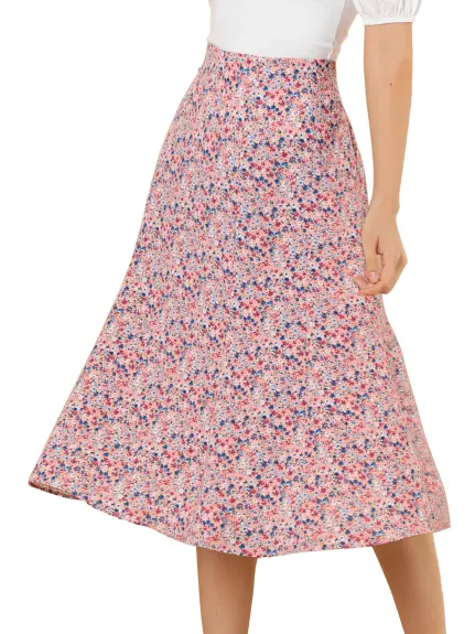 Allegra K- Elastic Waist A-Line Midi Leave Print Skirt