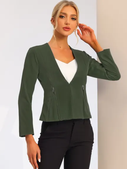 Allegra K- Open Front Zipper Collarless Cropped Blazer