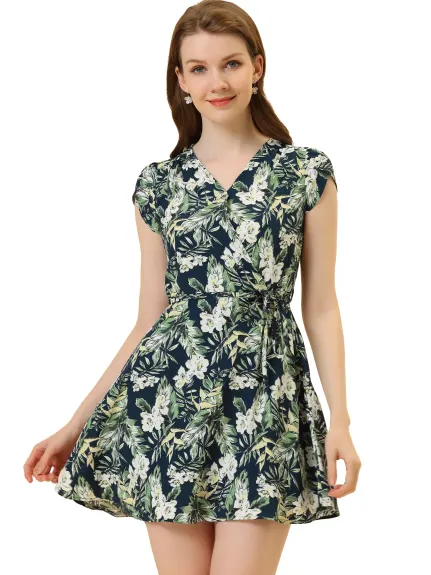 Allegra K- Floral Crossover V Neck Petal Sleeves Belted Dress