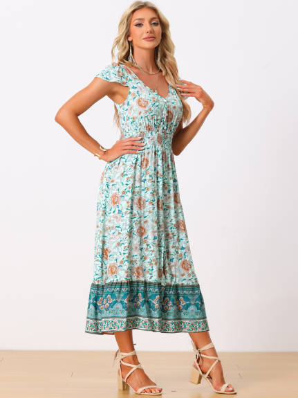 Allegra K- Boho Floral Smocked Waist V Neck Dress