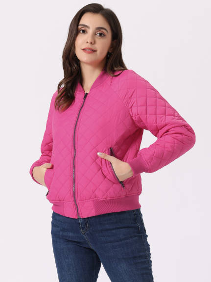 Allegra K- Stand Collar Raglan Sleeve Quilted Bomber Jacket