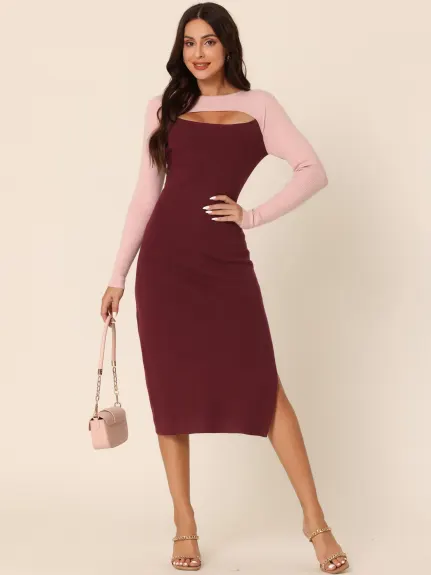 Allegra K- Crew Neck Stretch Cutout Block Ribbed Knit Midi Sweater Dress