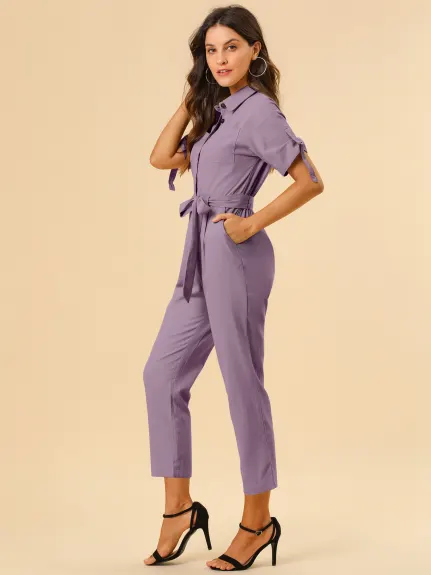 Allegra K- Turndown Collar Button up Tie Waist Cargo Jumpsuit