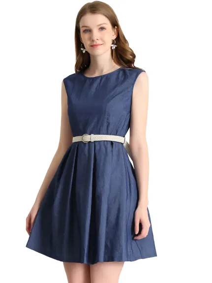 Allegra K- Belted Round Neck Flared Above Knee Chambray Denim Dress