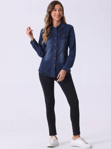 Allegra K - Button Down Long Sleeve Jean Shirt